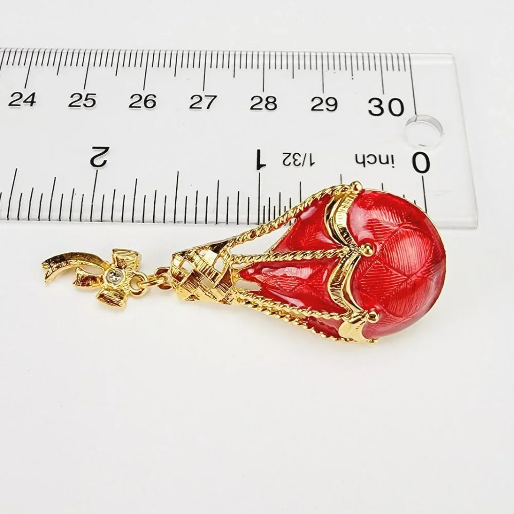 Vintage Red Enamel Hot Air Balloon Pin Gold Tone Bow Charm Rhinestone Brooch‎